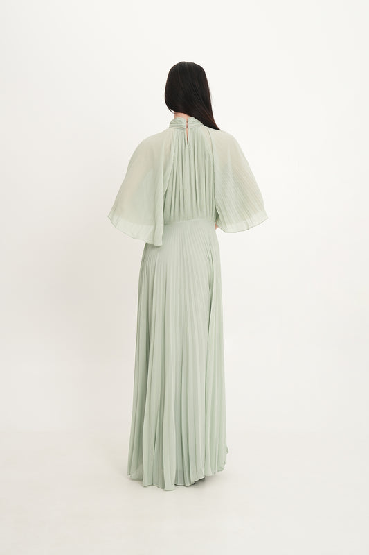 Pleated Chiffon Maxi Dress with Cape Sleeves & Removable Floral Neck Detail