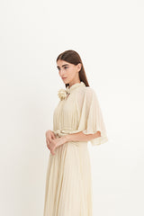 Pleated Chiffon Maxi Dress with Cape Sleeves & Removable Floral Neck Detail