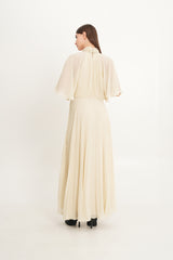Pleated Chiffon Maxi Dress with Cape Sleeves & Removable Floral Neck Detail