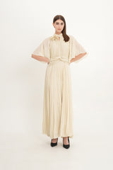 Pleated Chiffon Maxi Dress with Cape Sleeves & Removable Floral Neck Detail