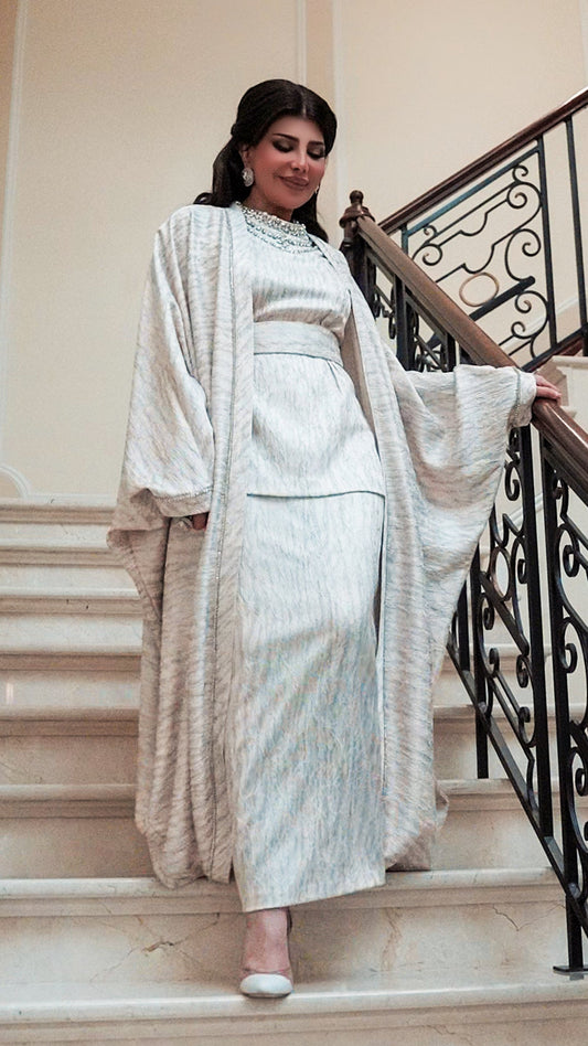 Embellished Arabic Style Long Cardigan – Waist-Tied Elegance