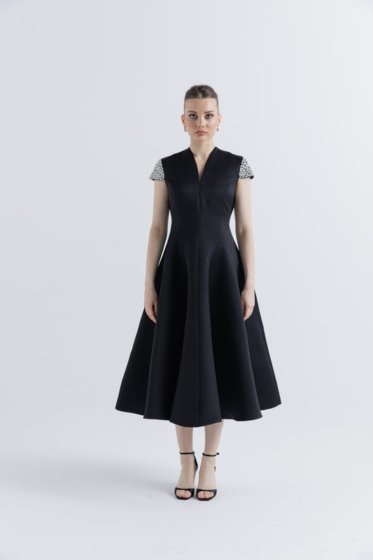 Crystal-Embellished Cap Sleeve Midi Dress