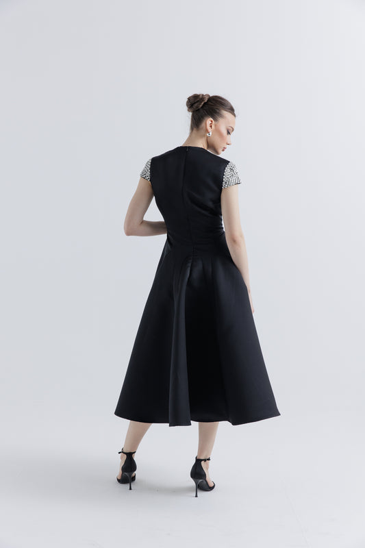 Crystal-Embellished Cap Sleeve Midi Dress