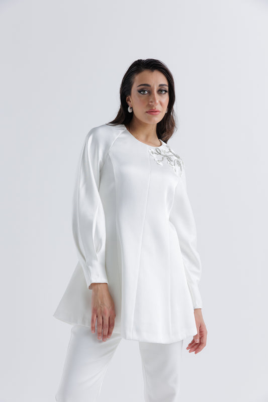 Embellished Floral Shoulder Satin Blouse