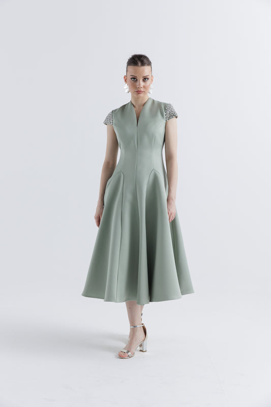 Crystal-Embellished Cap Sleeve Midi Dress