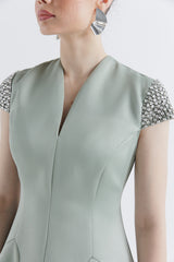 Crystal-Embellished Cap Sleeve Midi Dress