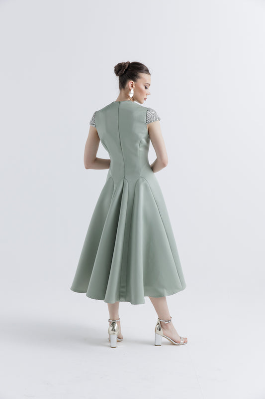 Crystal-Embellished Cap Sleeve Midi Dress