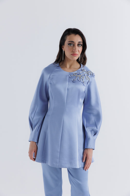 Embellished Floral Shoulder Satin Blouse