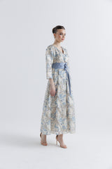 فستان جاكار بنقشة زهور مع حزام خصر