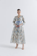 فستان جاكار بنقشة زهور مع حزام خصر