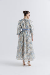 فستان جاكار بنقشة زهور مع حزام خصر