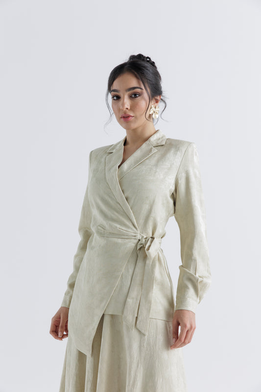Elegant Asymmetrical Jacquard Satin Wrap Jacket