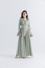 Pleated Chiffon-Satin V-Neck Jumpsuit with Waist Belt & Floral Accent