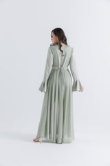 Pleated Chiffon-Satin V-Neck Jumpsuit with Waist Belt & Floral Accent