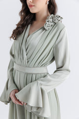 Pleated Chiffon-Satin V-Neck Jumpsuit with Waist Belt & Floral Accent