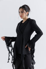 Ruffle-Trim Tailored Double-Breasted Jacket