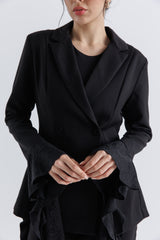 Ruffle-Trim Tailored Double-Breasted Jacket