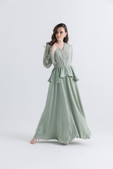 Crystal-Embellished Peplum Gown with Draped Sleeves