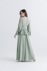 Crystal-Embellished Peplum Gown with Draped Sleeves