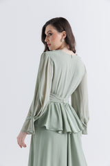 Crystal-Embellished Peplum Gown with Draped Sleeves