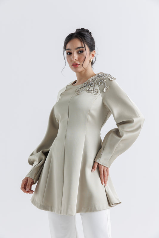 Embellished Floral Shoulder Satin Blouse