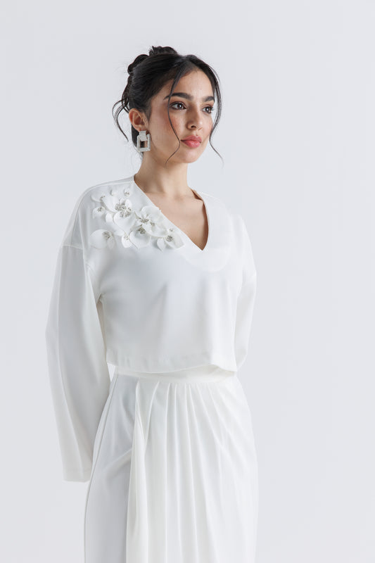 Floral Appliqué V-Neck Cropped Top