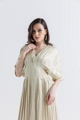 Pleated V-Neck Maxi Dress with High-Low Hem