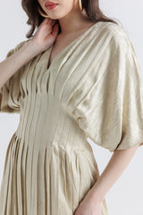 Pleated V-Neck Maxi Dress with High-Low Hem
