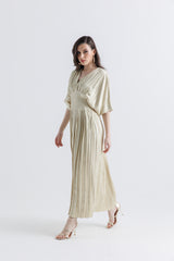 Pleated V-Neck Maxi Dress with High-Low Hem