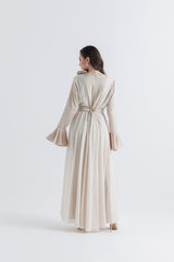 Pleated Chiffon-Satin V-Neck Jumpsuit with Waist Belt & Floral Accent