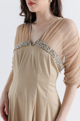 Elegant Satin Dress with Crystal & Net Detailing
