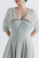 Elegant Satin Dress with Crystal & Net Detailing