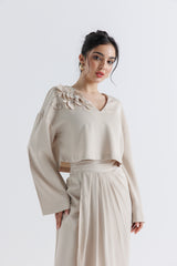 Floral Appliqué V-Neck Cropped Top