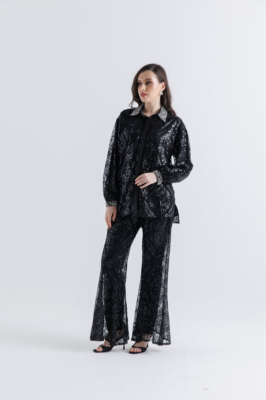Sequin Wide-Leg Pants with Satin Lining