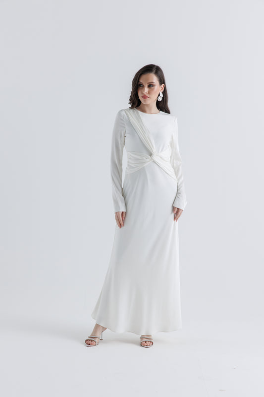 Draped Waist Maxi Dress with Button Cuff Detail