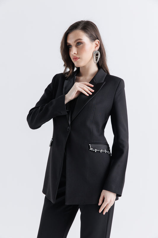 Tailored Blazer with Crystal Embellished Pockets