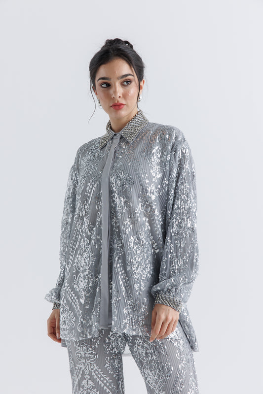 Crystal & Sequin Embellished High-Low Shirt