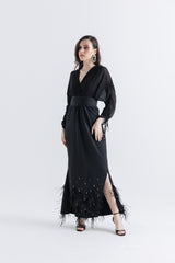 Feather-Embellished Wrap Maxi Dress with Drawstring Sleeves
