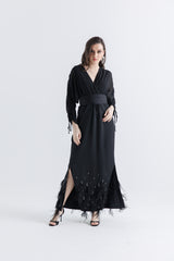 Feather-Embellished Wrap Maxi Dress with Drawstring Sleeves