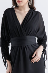 Feather-Embellished Wrap Maxi Dress with Drawstring Sleeves