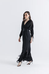 Feather-Embellished Wrap Maxi Dress with Drawstring Sleeves