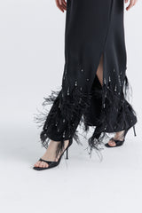 Feather-Embellished Wrap Maxi Dress with Drawstring Sleeves