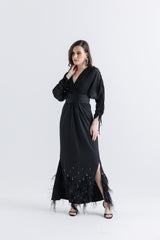 Feather-Embellished Wrap Maxi Dress with Drawstring Sleeves