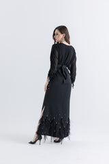 Feather-Embellished Wrap Maxi Dress with Drawstring Sleeves