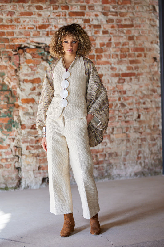 Elegant Three-Piece Textured Set with Flowing Jacket