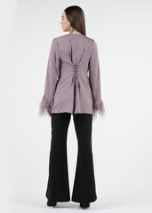 Embellished Feather Cuff Blouse with Lace-Up Back