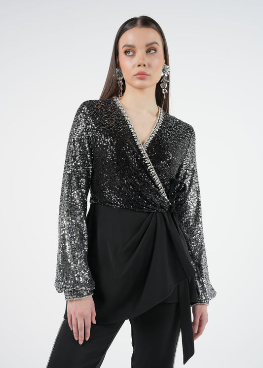 Wrap-Style Sequined Top with Embellished Details