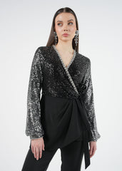 Wrap-Style Sequined Top with Embellished Details