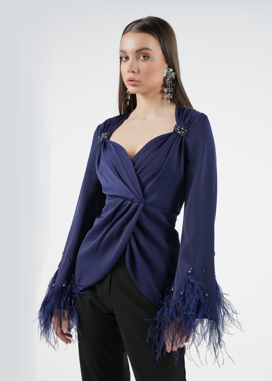 Embellished Feather Cuff Blouse with Lace-Up Back