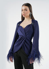 Embellished Feather Cuff Blouse with Lace-Up Back